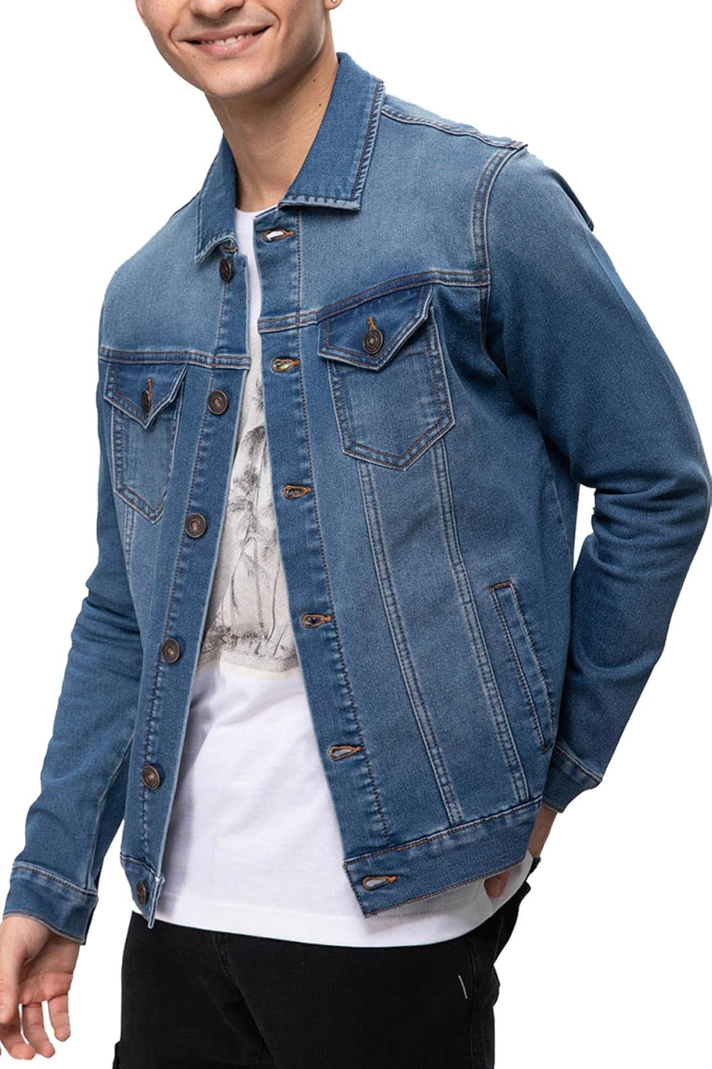 mens rugged wear button down denim jacket fashion classic long sleeve jean jacket