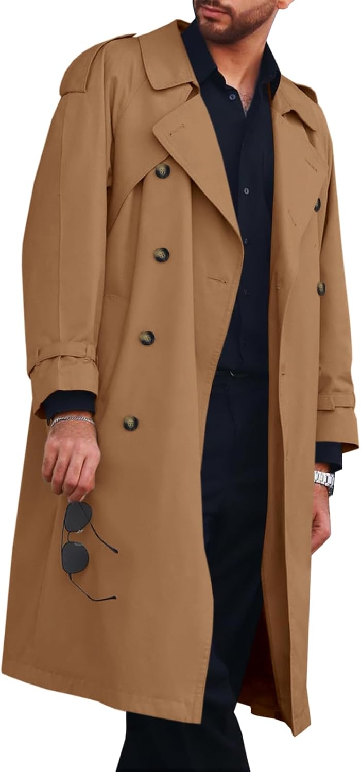 mens trench coat double breasted long jacket casual windbreaker notched lapel belted overcoat