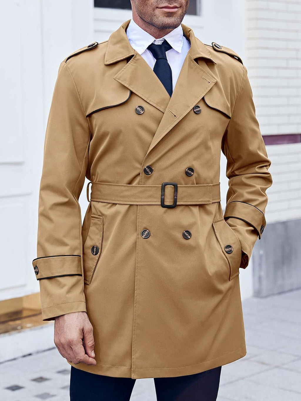 mens trench coat slim fit double breasted notched lapel belted windbreaker long jacket casual windproof overcoat