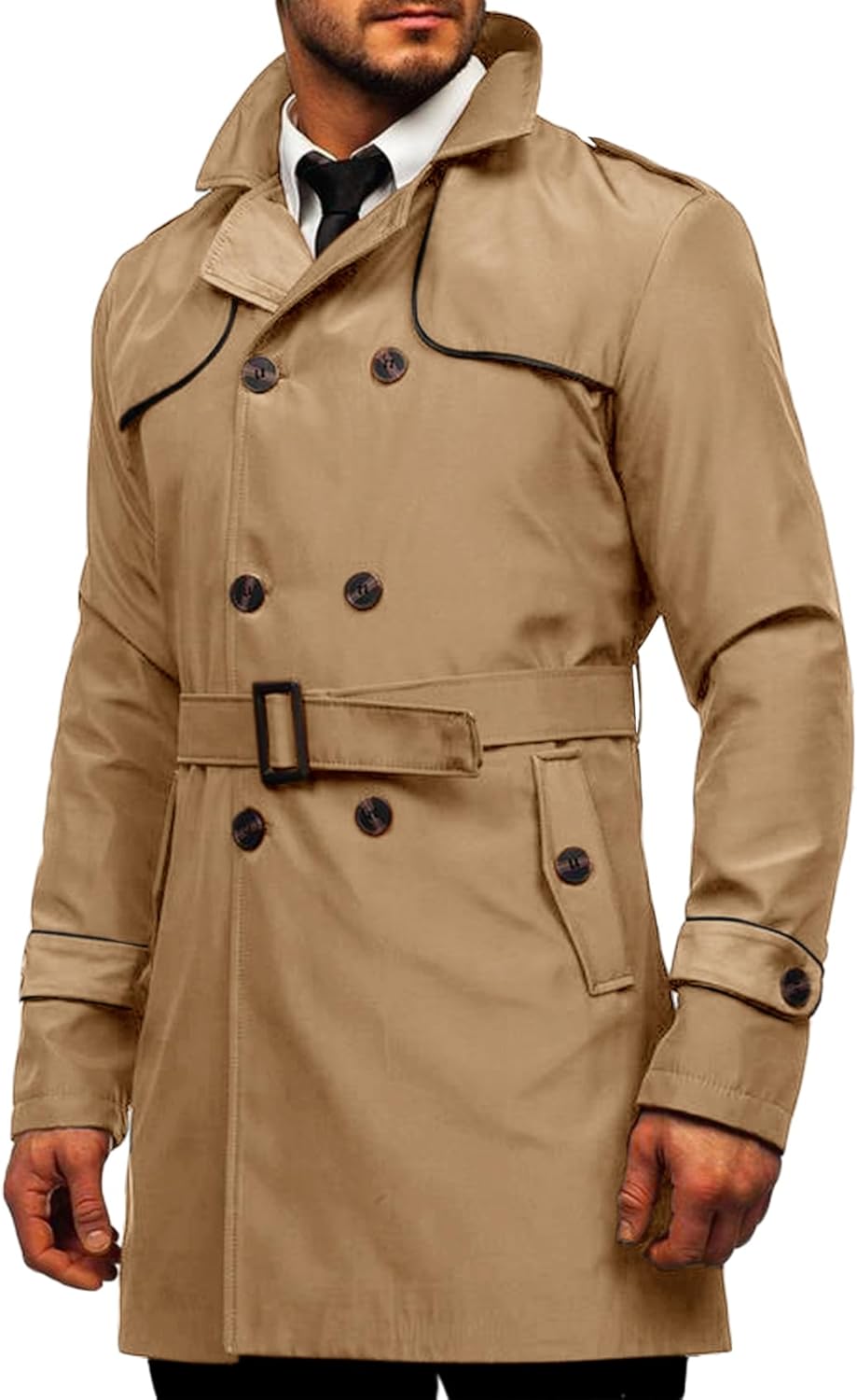 mens trench coat slim fit double breasted notched lapel belted windbreaker long jacket casual windproof overcoat
