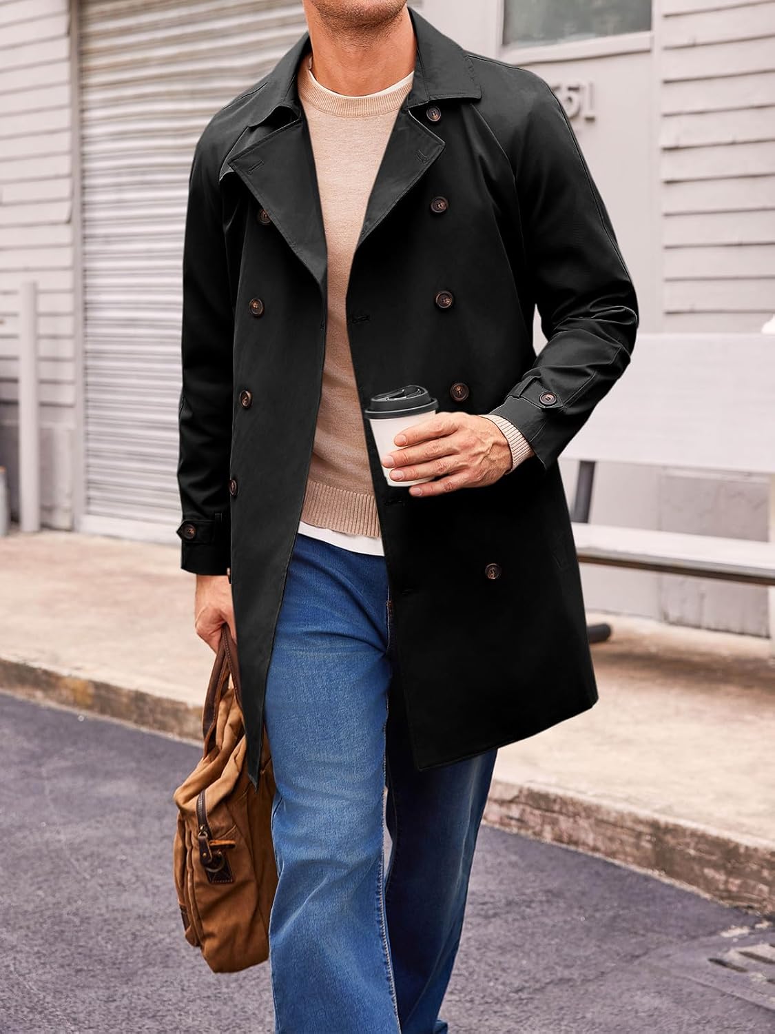 mens trench coat double breasted mid long jacket casual belted overcoat notched lapel windbreaker