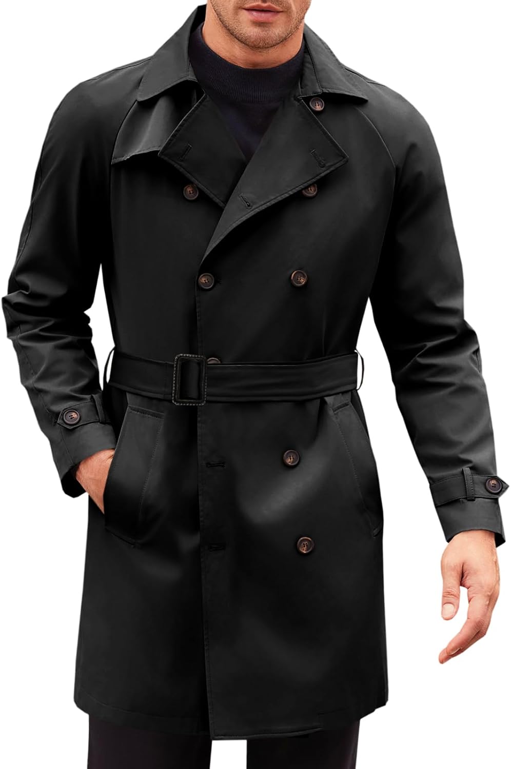 mens trench coat double breasted mid long jacket casual belted overcoat notched lapel windbreaker