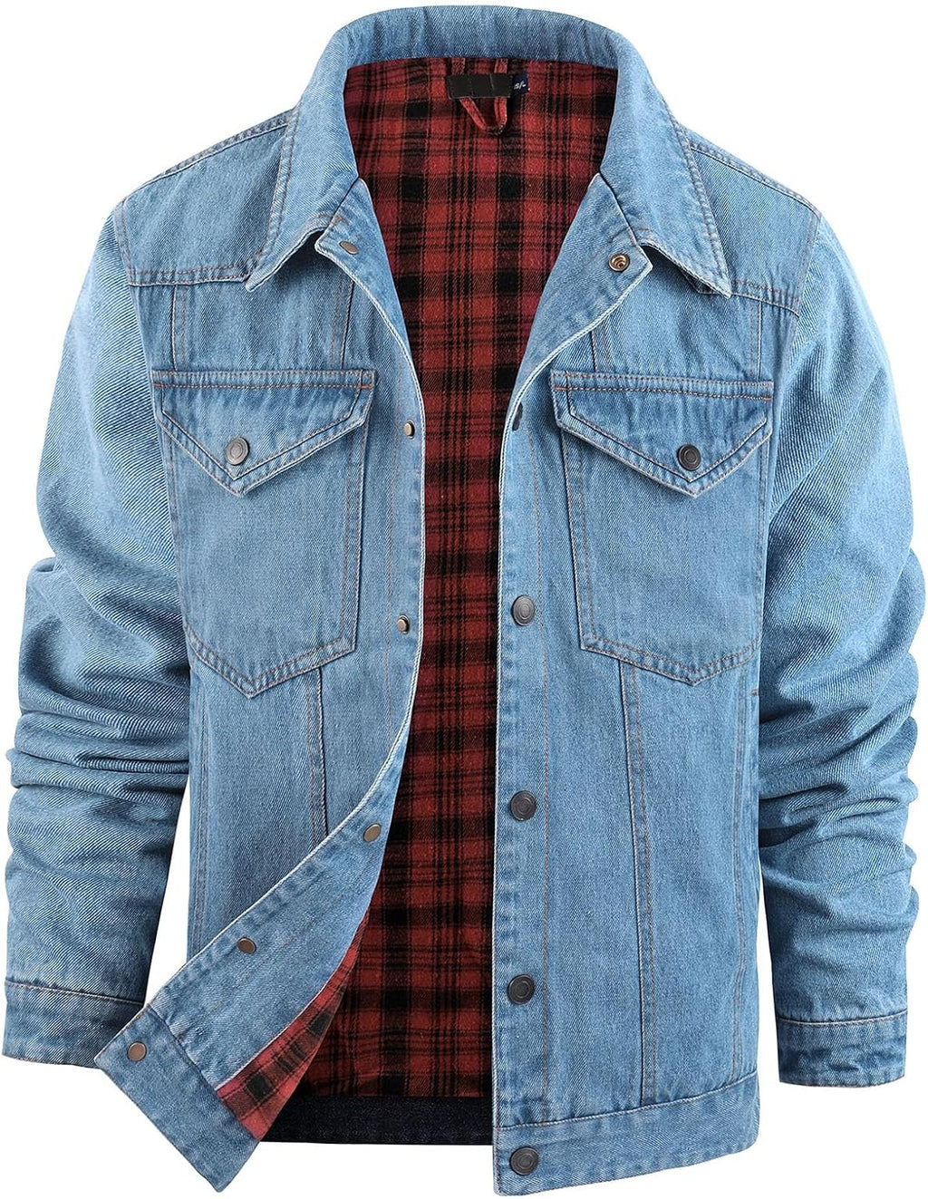 mens flannel lined denim jacket snap cowboy cut western classic slim fit vintage heavy duty jacket trucker coat