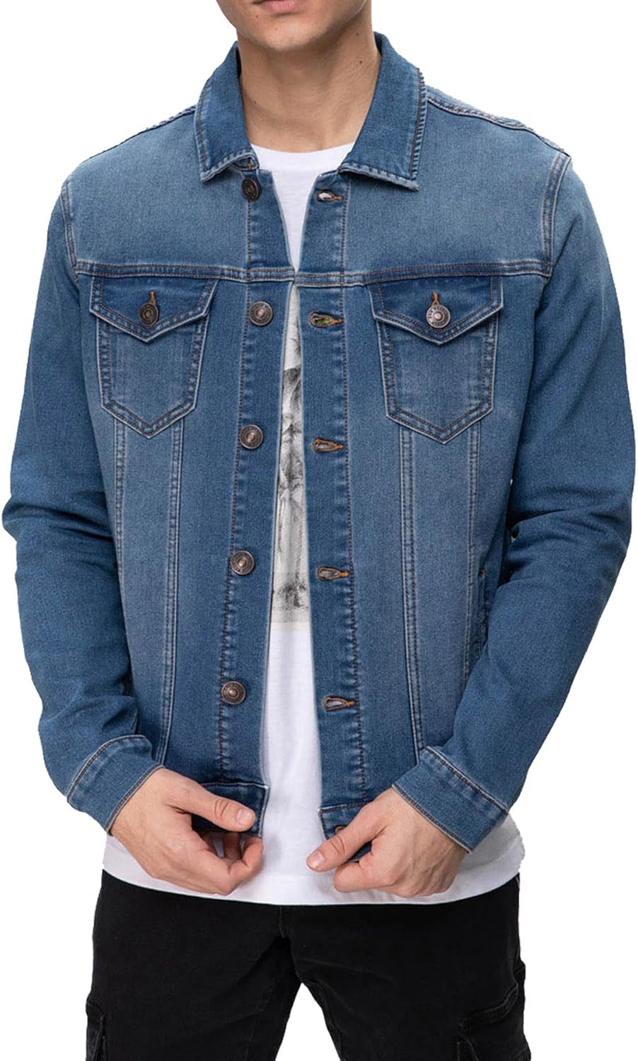 mens rugged wear button down denim jacket fashion classic long sleeve jean jacket