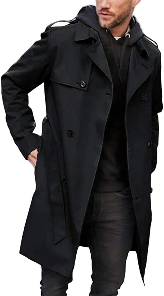 mens trench coat slim fit double breasted belted windbreaker lapel long jacket casual windproof overcoat